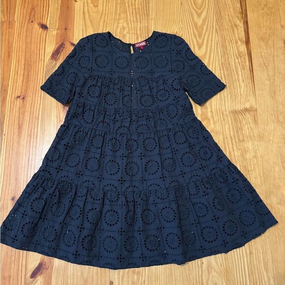 Staud Hyacinth Embroidered Eyelet Babydoll Mini Dress Black Short Sleeve SIZE SM - Picture 4 of 11